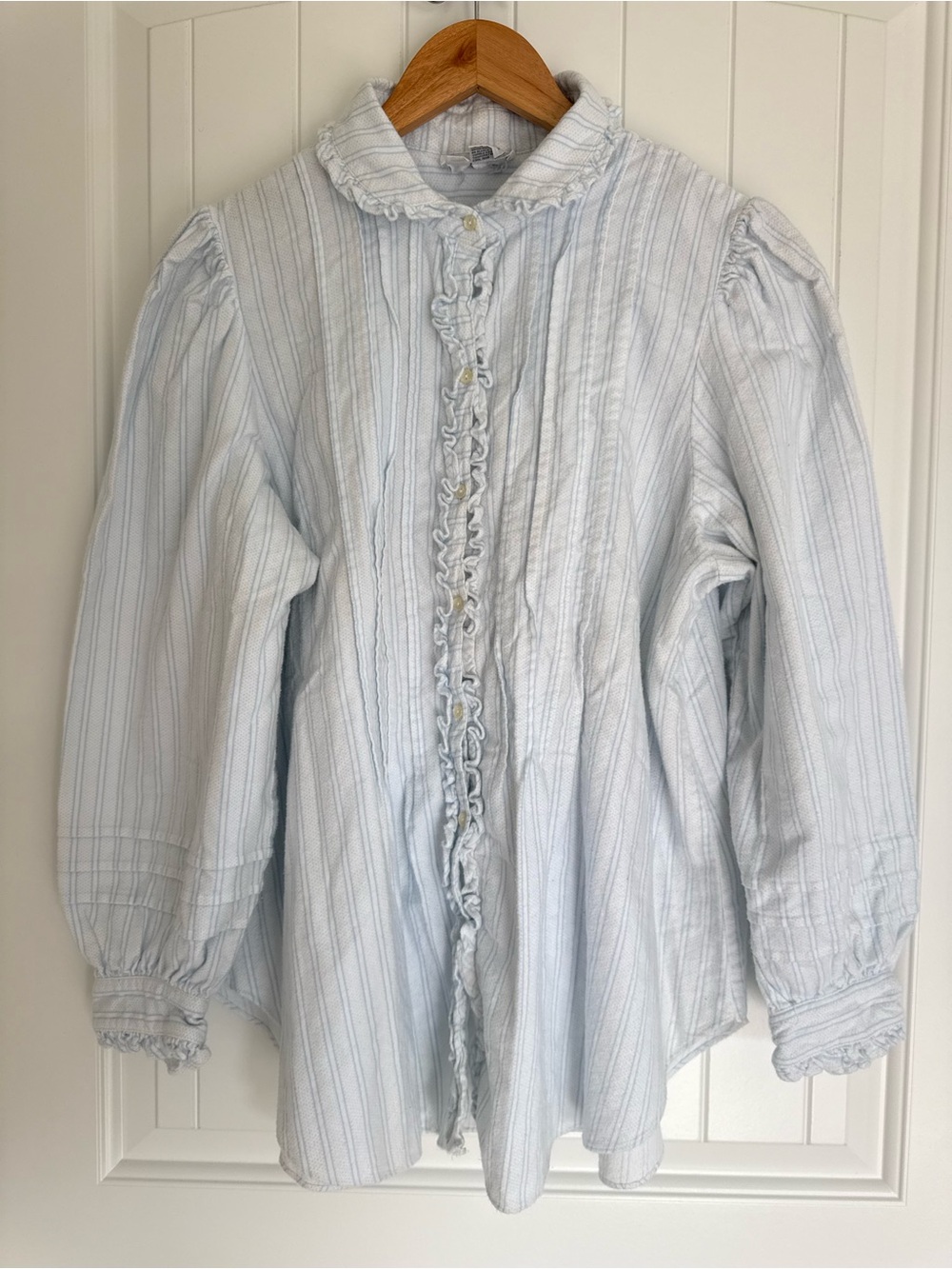 Vintage Blue Striped Ruffle Blouse Bishop Sleeve Cottagecore Romantic Top Large